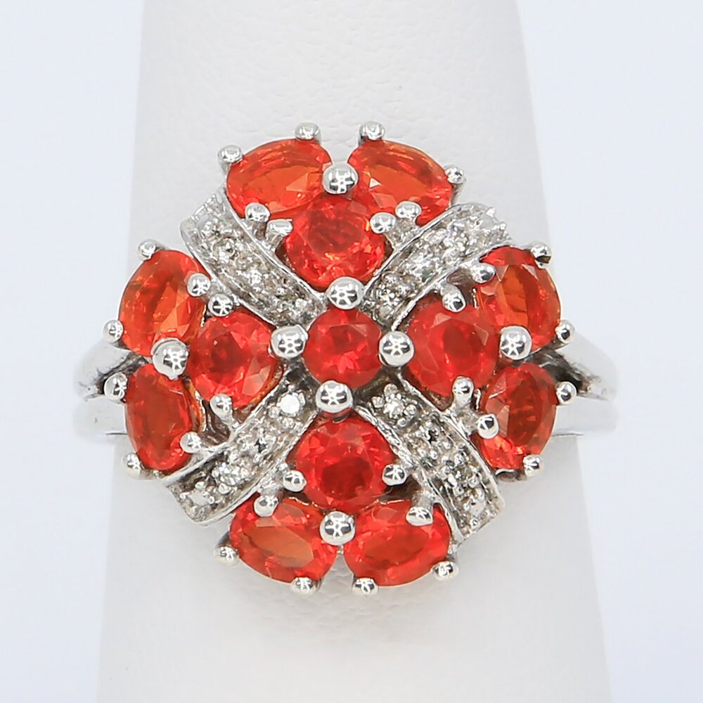 STS 925 India Sterling Silver Orange Fire Opal with Diamonds Cocktail Ring Sz 7